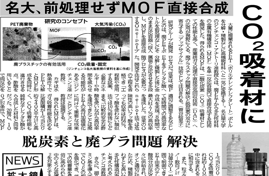 Newspaper article on the lab's direct synthesis of CO2-adsorbing MOFs from waste PET